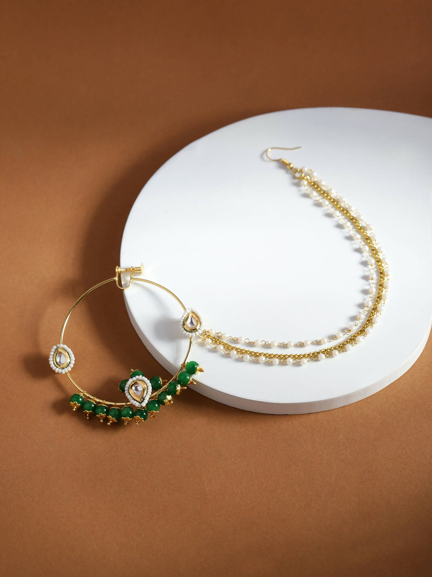 Gold-Polished White Green Kundan-Studded Pearl Beaded Nosepin - Ruby Raang | Grab2Buy
