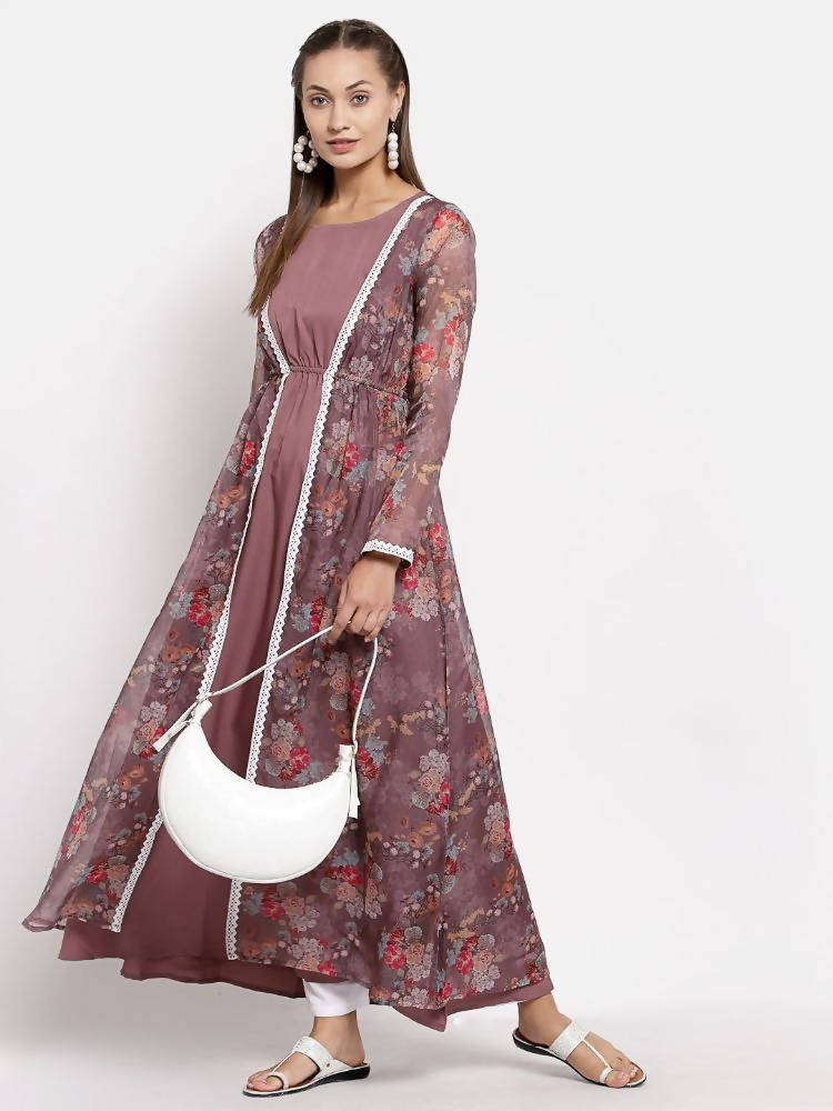 Myshka Women's Multi Organza Printed Full Sleeve Round Neck Casual Maxi Dress | Grab2Buy
