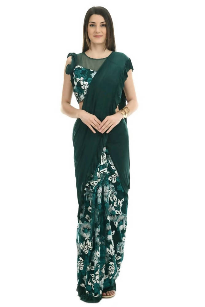 Mominos Fashion All Season Wear Bottle Green & White Thread Embroidered Ruffled Ready To Wear Saree | Grab2Buy