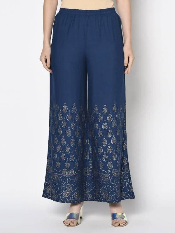 Aniyah Rayon Blue Color Gold Print Flared Slip-On Palazzo (AN-209K) | Grab2Buy
