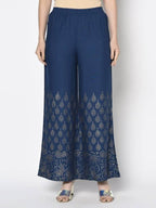 Aniyah Rayon Blue Color Gold Print Flared Slip-On Palazzo (AN-209K) | Grab2Buy