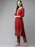 Yufta Women Maroon Ethnic Motifs Yoke Design Regular Thread Work Kurta with Palazzo & With Dupatta | Grab2Buy