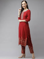 Yufta Women Maroon Ethnic Motifs Yoke Design Regular Thread Work Kurta with Palazzo & With Dupatta | Grab2Buy