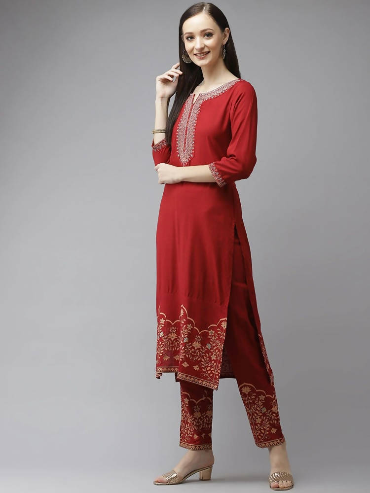 Yufta Women Maroon Ethnic Motifs Yoke Design Regular Thread Work Kurta with Palazzo & With Dupatta | Grab2Buy
