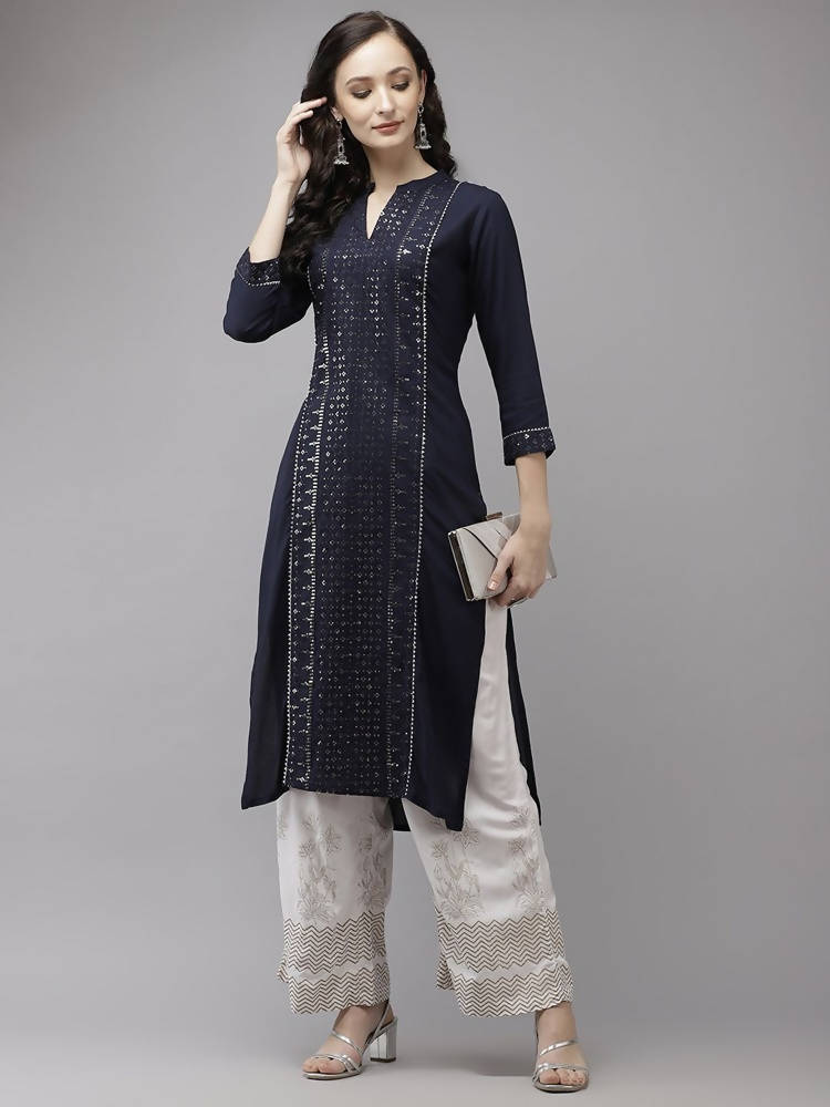 Yufta Women Navy Blue Regular Sequinned Kurta with Palazzo | Grab2Buy