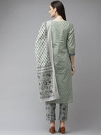 Yufta Green and off-white yoke design Kurta with Palazzo with Dupatta Set | Grab2Buy