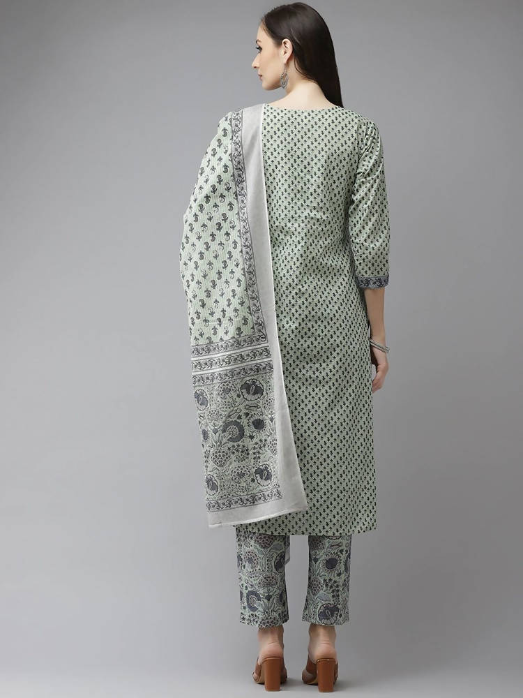 Yufta Green and off-white yoke design Kurta with Palazzo with Dupatta Set | Grab2Buy