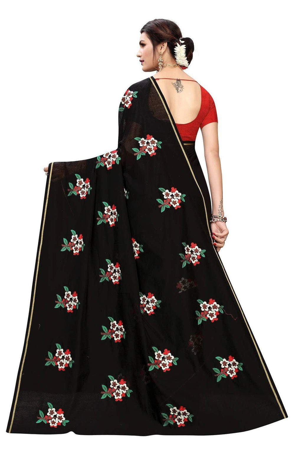 Vamika Black Chanderi Cotton Embroidery Floral Saree | Grab2Buy