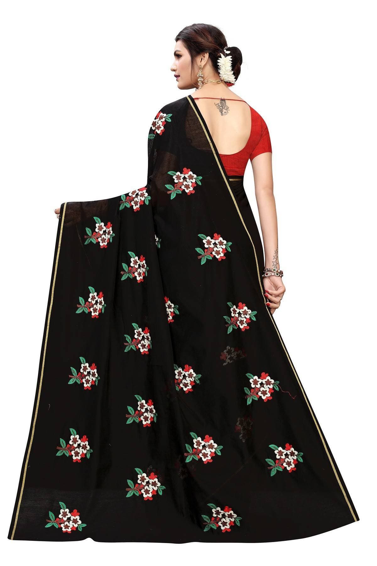 Vamika Black Chanderi Cotton Embroidery Floral Saree | Grab2Buy