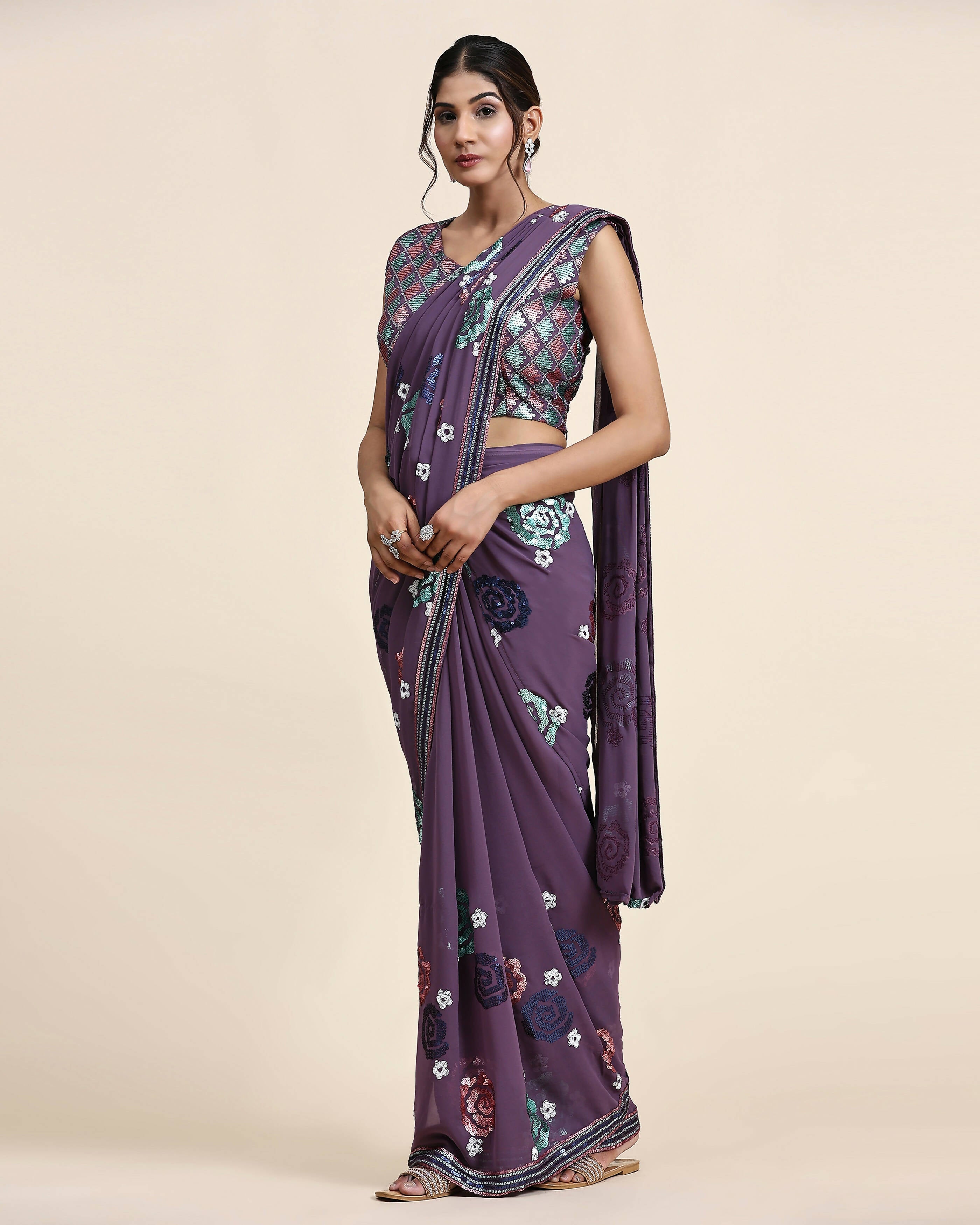 Purple Pure Georgette Sequence work Ready to wear Saree with stitched Blouse - Nirvana | Grab2Buy