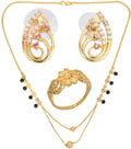AanyaCentric Gold-Polished Jewelry Combo: Elegant Short Mangalsutra, Finger Ring, and American Diamond Earrings Set