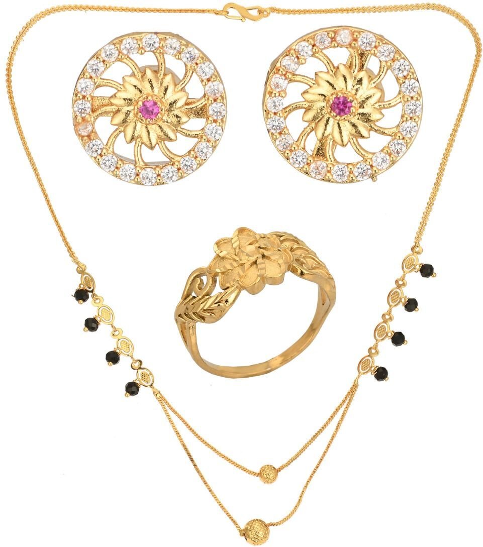 AanyaCentric Gold-Polished Jewelry Combo: Elegant Short Mangalsutra, Finger Ring, and American Diamond Earrings Set | Grab2Buy