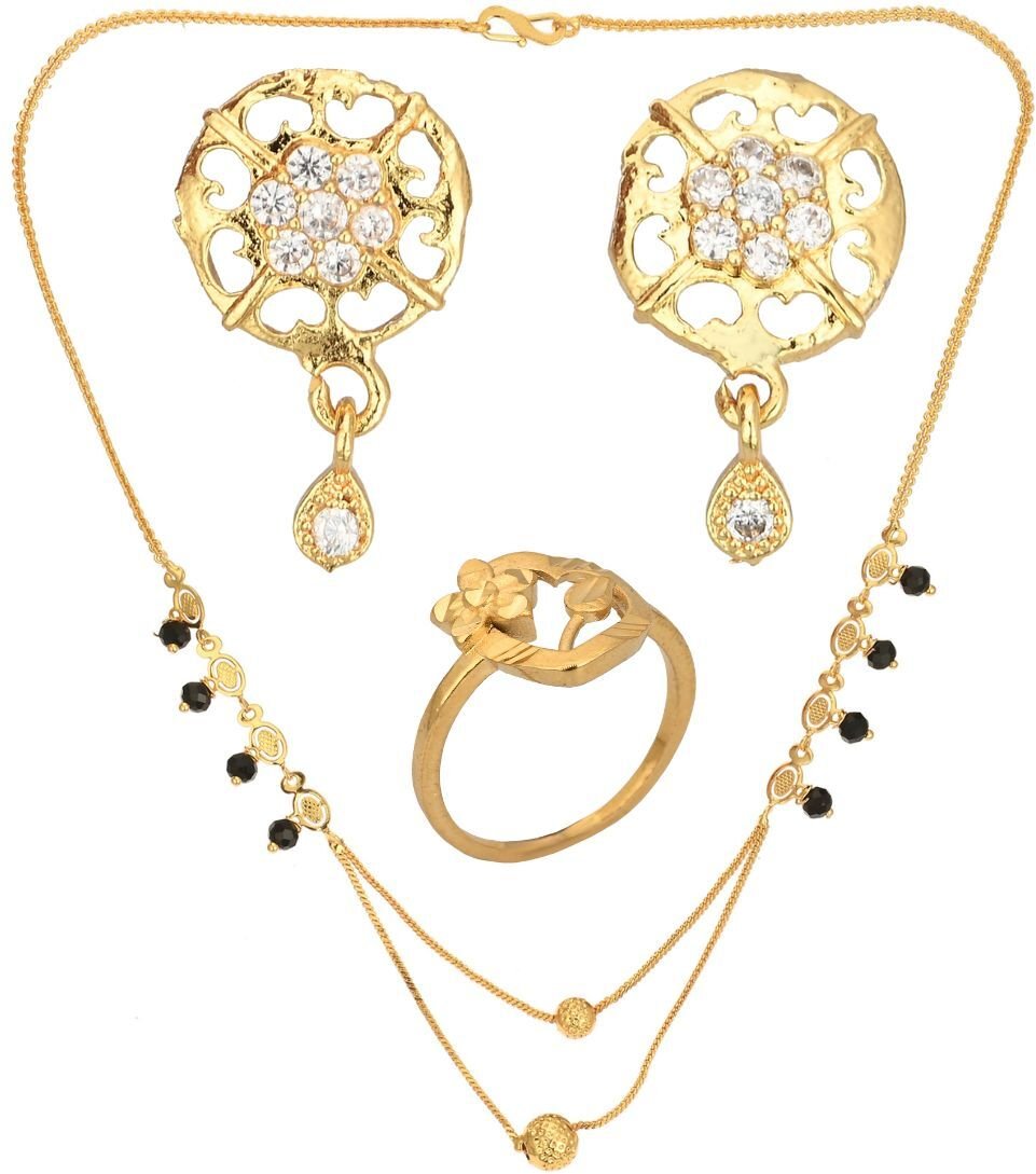 AanyaCentric Gold-Polished Jewelry Combo: Elegant Short Mangalsutra, Finger Ring, and American Diamond Earrings Set | Grab2Buy
