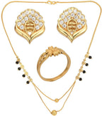 AanyaCentric Gold-Polished Jewelry Combo: Elegant Short Mangalsutra, Finger Ring, and American Diamond Earrings Set
