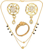 AanyaCentric Gold-Polished Jewelry Combo: Elegant Short Mangalsutra, Finger Ring, and American Diamond Earrings Set