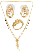 AanyaCentric Gold-Polished Jewelry Combo: Elegant Short Mangalsutra, Finger Ring, and American Diamond Earrings Set