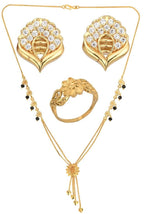 AanyaCentric Gold-Polished Jewelry Combo: Elegant Short Mangalsutra, Finger Ring, and American Diamond Earrings Set