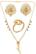 AanyaCentric Gold-Polished Jewelry Combo: Elegant Short Mangalsutra, Finger Ring, and American Diamond Earrings Set