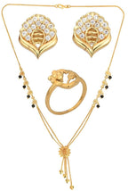 AanyaCentric Gold-Polished Jewelry Combo: Elegant Short Mangalsutra, Finger Ring, and American Diamond Earrings Set
