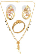 AanyaCentric Gold-Polished Jewelry Combo: Elegant Short Mangalsutra, Finger Ring, and American Diamond Earrings Set