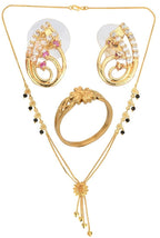 AanyaCentric Gold-Polished Jewelry Combo: Elegant Short Mangalsutra, Finger Ring, and American Diamond Earrings Set