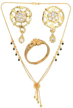 AanyaCentric Gold-Polished Jewelry Combo: Elegant Short Mangalsutra, Finger Ring, and American Diamond Earrings Set