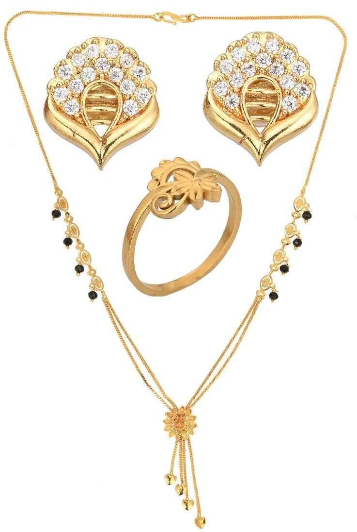 AanyaCentric Gold-Polished Jewelry Combo: Elegant Short Mangalsutra, Finger Ring, and American Diamond Earrings Set | Grab2Buy