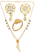 AanyaCentric Gold-Polished Jewelry Combo: Elegant Short Mangalsutra, Finger Ring, and American Diamond Earrings Set