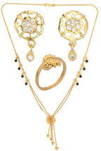 AanyaCentric Gold-Polished Jewelry Combo: Elegant Short Mangalsutra, Finger Ring, and American Diamond Earrings Set