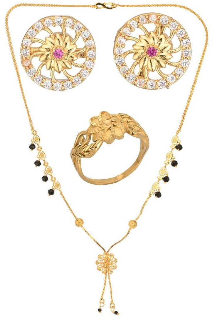 AanyaCentric Gold-Polished Jewelry Combo: Elegant Short Mangalsutra, Finger Ring, and American Diamond Earrings Set | Grab2Buy