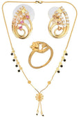 AanyaCentric Gold-Polished Jewelry Combo: Elegant Short Mangalsutra, Finger Ring, and American Diamond Earrings Set