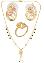 AanyaCentric Gold-Polished Jewelry Combo: Elegant Short Mangalsutra, Finger Ring, and American Diamond Earrings Set