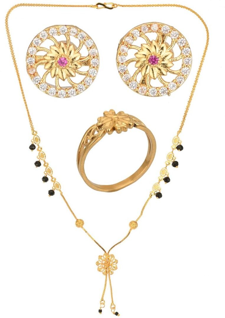 AanyaCentric Gold-Polished Jewelry Combo: Elegant Short Mangalsutra, Finger Ring, and American Diamond Earrings Set | Grab2Buy