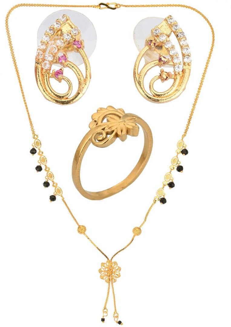 AanyaCentric Gold-Polished Jewelry Combo: Elegant Short Mangalsutra, Finger Ring, and American Diamond Earrings Set | Grab2Buy