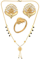 AanyaCentric Gold-Polished Jewelry Combo: Elegant Short Mangalsutra, Finger Ring, and American Diamond Earrings Set