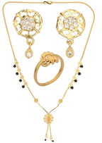 AanyaCentric Gold-Polished Jewelry Combo: Elegant Short Mangalsutra, Finger Ring, and American Diamond Earrings Set