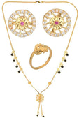 AanyaCentric Gold-Polished Jewelry Combo: Elegant Short Mangalsutra, Finger Ring, and American Diamond Earrings Set