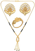 AanyaCentric Gold-Polished Jewelry Combo: Elegant Short Mangalsutra, Finger Ring, and American Diamond Earrings Set