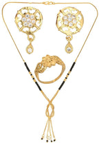 AanyaCentric Gold-Polished Jewelry Combo: Elegant Short Mangalsutra, Finger Ring, and American Diamond Earrings Set
