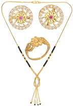AanyaCentric Gold-Polished Jewelry Combo: Elegant Short Mangalsutra, Finger Ring, and American Diamond Earrings Set