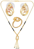 AanyaCentric Gold-Polished Jewelry Combo: Elegant Short Mangalsutra, Finger Ring, and American Diamond Earrings Set