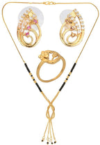 AanyaCentric Gold-Polished Jewelry Combo: Elegant Short Mangalsutra, Finger Ring, and American Diamond Earrings Set