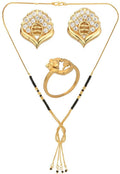 AanyaCentric Gold-Polished Jewelry Combo: Elegant Short Mangalsutra, Finger Ring, and American Diamond Earrings Set