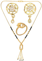 AanyaCentric Gold-Polished Jewelry Combo: Elegant Short Mangalsutra, Finger Ring, and American Diamond Earrings Set
