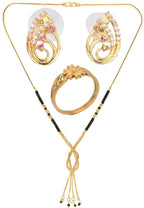 AanyaCentric Gold-Polished Jewelry Combo: Elegant Short Mangalsutra, Finger Ring, and American Diamond Earrings Set | Grab2Buy