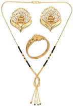 AanyaCentric Gold-Polished Jewelry Combo: Elegant Short Mangalsutra, Finger Ring, and American Diamond Earrings Set