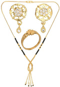 AanyaCentric Gold-Polished Jewelry Combo: Elegant Short Mangalsutra, Finger Ring, and American Diamond Earrings Set