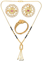 AanyaCentric Gold-Polished Jewelry Combo: Elegant Short Mangalsutra, Finger Ring, and American Diamond Earrings Set