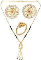 AanyaCentric Gold-Polished Jewelry Combo: Elegant Short Mangalsutra, Finger Ring, and American Diamond Earrings Set