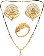 AanyaCentric Gold-Polished Jewelry Combo: Elegant Short Mangalsutra, Finger Ring, and American Diamond Earrings Set